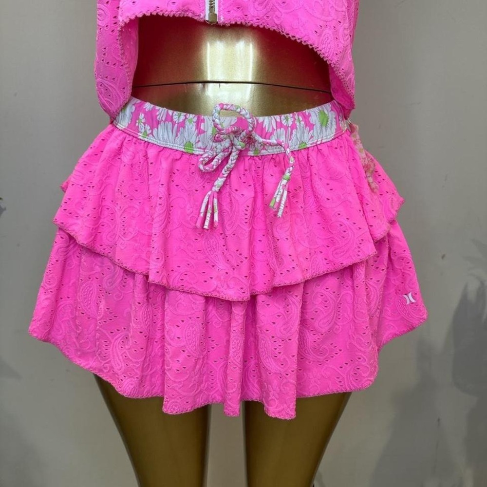 Love Shack Fancy x Hurley NWT Pink lace mini skirt coverup floral waist MEDIUM